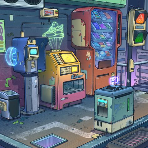 Sci Fi Props, Props Concept, Start Button, Sci Fi Environment, New Retro Wave, Isometric Art, Cyberpunk City, Arte Cyberpunk, Vending Machines