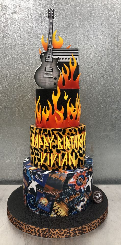 3 -tier Custom Birthday Cake for Legendary Guitarist Vivian Campbell! #rockandrollcake #defleppardcake   Cake by: Kristen LoVullo @lvcakegirl  @freedsbakery Def Leppard Birthday Party, Rock Band Cake, Rock Roll Cake Ideas, Rock And Roll Cakes Ideas, Metallica Cake Design, Rock And Roll Birthday Cake, Rock N Roll Birthday Cake, Rock And Roll Themed Cake, Rock Star Birthday Cake