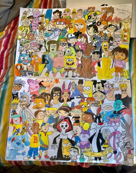 Cartoon Drawing Collage, 2000 Cartoon Characters, 2000s Cartoon Characters, 2000 Drawing, All Cartoon Characters, Disney Drawings Sketches, Disney Art Drawings, Simple Canvas Paintings, Cartoon Painting