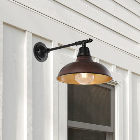 Our vintage style metal wall light adds an industrial touch to any farmhouse design. The warm globe LED bulb has a painted shade mounted on a straight bracket. This outdoor light fixture can be used indoors as well; for residential and hospitality projects. JONATHAN Y Wallace Iron Victorian Arm Industrial Traditional 1-Light 12.5-in H Polished Brown LED Outdoor Wall Light | JYL7615G Garage Lighting Ideas Exterior, Farm Lights, Exterior Sconces, Farmhouse Outdoor Lighting, Rustic Outdoor Lighting, Outdoor Light Fixture, Front Door Lighting, Barn Lights, Farmhouse Light