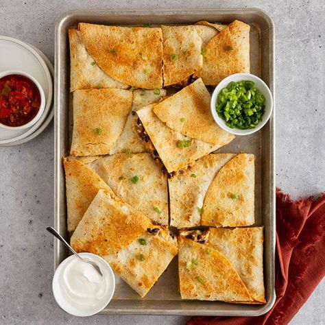 Sheet Pan Quesadilla from Land O'Lakes Pan Quesadilla Recipe, Sheet Pan Quesadilla, Pan Quesadilla, Cheese Dippers, Quesadilla Recipe, Quick Bites, Recipe Sheets, Pan Dinners, Cooking Chicken To Shred