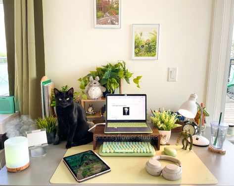 A desk with a laptop, black cat, beige headphones, and plants all around. Lots of Totoro and studio ghibli references. Desk Reorganization, Studio Ghibli Bedroom, Studio Ghibli Desk, Ghibli Room, Notion Images, Studio Ghibli Inspired, Green Pc, Setup Inspiration, Dream Dorm Room