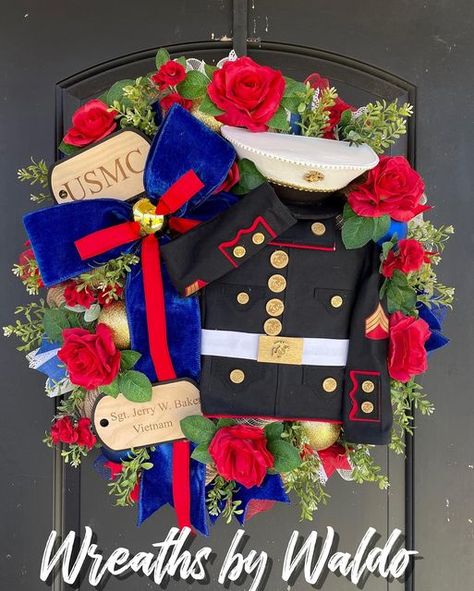 Emily Waldo | Holiday and Home Decor on Instagram: "Happy Belated Birthday, @marines 🎂 and Happy #veteransday ❣️ 🇺🇸 Here’s some of my favorite #patriotic designs from the last 1.5 years 🇺🇸❤️ and swipe to see my first sale 😨 Wreaths by Waldo started off in Quantico, VA with a US Marine Wreath! I still love that sign—it’s from Amazon! #veteransday #patrioticdecor #usmarines #militaryfamily #patrioticwreath #usmcbirthday #holidaydecor #holidaydecorating #holidaydecoratingideas #veteransday202 Wreaths By Waldo, Marine Wreath, Marine Corps Christmas, Love My Marine, Marine Party, Usmc Birthday, Patriotic Designs, Marine Mom, Happy Belated Birthday