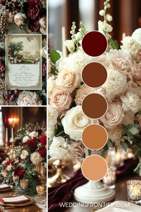 Renaissance wedding theme ideas for a historic, elegant look. Enchanted Wedding Color Palette, Wedding Color Schemes Timeless, Fairy Wedding Color Palette, Pride And Prejudice Wedding Aesthetic, Simple Wedding Colors, Dark Romantic Wedding Color Schemes, Historic Wedding Theme, Hobbit Wedding Theme, Enchanted Wedding Themes