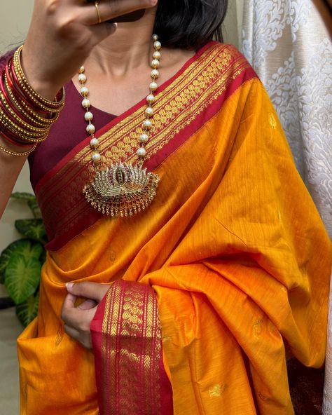 This mango yellow cotton silk saree with a contrast border is the epitome of grace and tradition. 💛 #SilkSareeLove #TraditionalElegance #MangoYellowSaree #ThejaCouture Mango Yellow Saree With Contrast Blouse, Yellow Saree With Contrast Blouse, Mango Yellow Saree, Mustard Yellow Saree, Contrast Saree, Saree With Contrast Blouse, Mango Yellow, Cotton Silk Saree, Yellow Saree