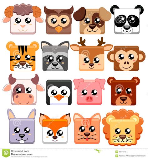 Illustration about Cute cartoon animals head square shape. Vector illustration. Illustration of face, puppy, illustration - 92316240 Bear Cat, Cartoon Drawings Of Animals, Animal Doodles, Cartoon Faces, Cute Cartoon Animals, Animal Heads, Cute Animal Videos, Animal Faces, Cute Animal Drawings