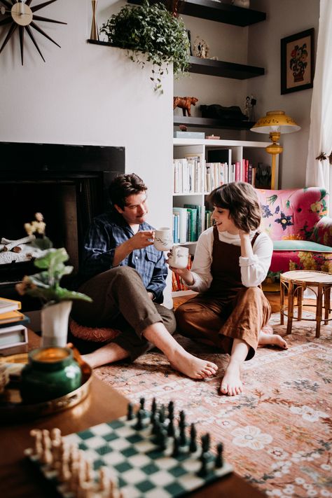 Couples Shoot At Home, Cozy Home Engagement Shoot, Anniversary Photo Shoot Ideas At Home, Couples Photoshoot In Home, Lifestyle Engagement Shoot At Home, Cozy Home Couple Photoshoot, Living Room Engagement Photos, Engagement Shoot At Home, Apartment Engagement Photos