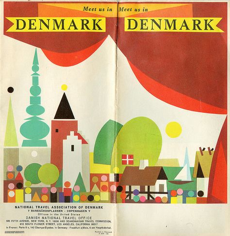 Map Of Denmark, Danish Posters, Denmark Map, Mid Century Illustration, Travel Vintage, Vintage Poster Design, Mid Century Art, Vintage Graphic, Childrens Art