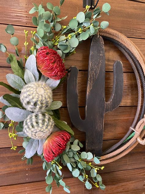 Prickle My Fancy MULTIPLE DESIGNS Floral Rope Wreath | Etsy Floral Rope Wreath, Western Door Wreaths, Rope Wreath Diy Western, Roping Rope Wreath, Western Wreath Ideas, Diy Western Decor Crafts, Cactus Wreaths, Western Flower Arrangements, Diy Western Home Decor