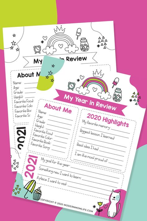 Kids can reflect on the past year and set goals for the future with this free printable! Includes 2020 Year in Review coloring page! #YearinReview #ColoringPage #2020ColoringPage #KidsPrintable #KidsActivity Year In Review Printable, 2022 Year In Review, New Years With Kids, Boredom Busters For Kids, Highlights Kids, 2022 Year, 2023 Year, Activities For Boys, 2020 Year