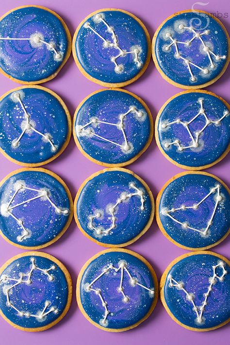 Zodiac Cookies Decorated, Zodiac Birthday Theme, Constellation Birthday Party, Astrology Cupcakes, Astrology Cookies, Zodiac Cupcakes, Space Cookies Decorated, Zodiac Party Theme, Constellation Cookies