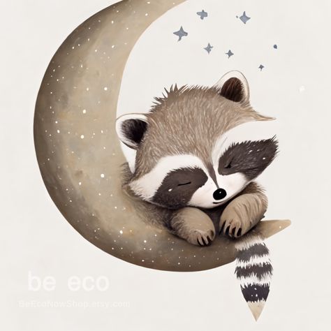 Raccoon Sleeping, Racoon Illustration, Moon Nursery Art, Raccoon Nursery, Baby Racoon, Raccoon Drawing, Moon Printable, Disney Character Drawings, Raccoon Art