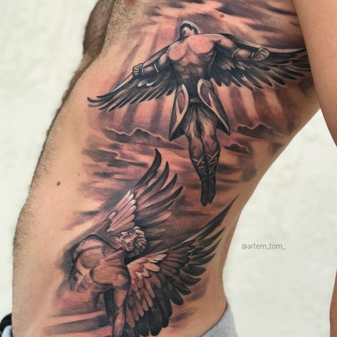 50+ Icarus Tattoo Designs That Perfectly Capture the Mythological Symbolism - Tattoo Inspo Hub Daedalus And Icarus Tattoo, Daedalus Tattoo, Daedalus And Icarus, Historical Tattoos, Icarus Tattoo, Oni Mask Tattoo, Barcode Tattoo, California Tattoo, Greek Mythology Tattoos