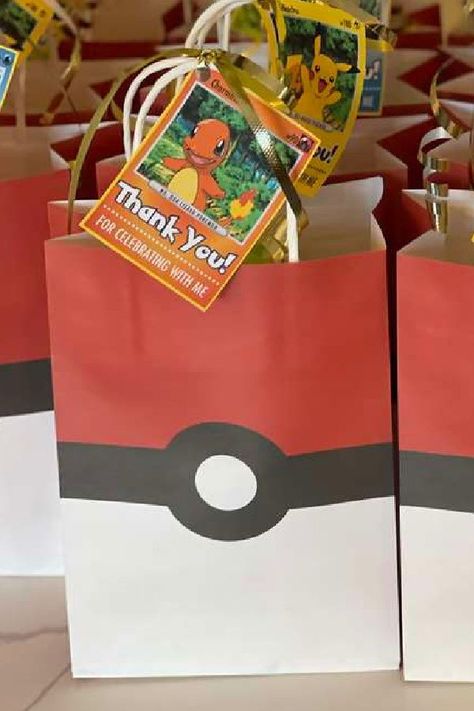 Check out this awesome Pokemon birthday party! The party favor bags are so cool!! See more party ideas and share yours at CatchMyParty.com Pokemon Birthday Party Goody Bags, Pokemon Birthday Treat Bags, Pokemon Party Bags Diy, Pokemon Candy Bags, Pokemon Birthday Party Gift Bags, Pokemon Gift Bags Diy, Pikachu Gift Bags, Pokemon Party Bags, Video Game Party Theme