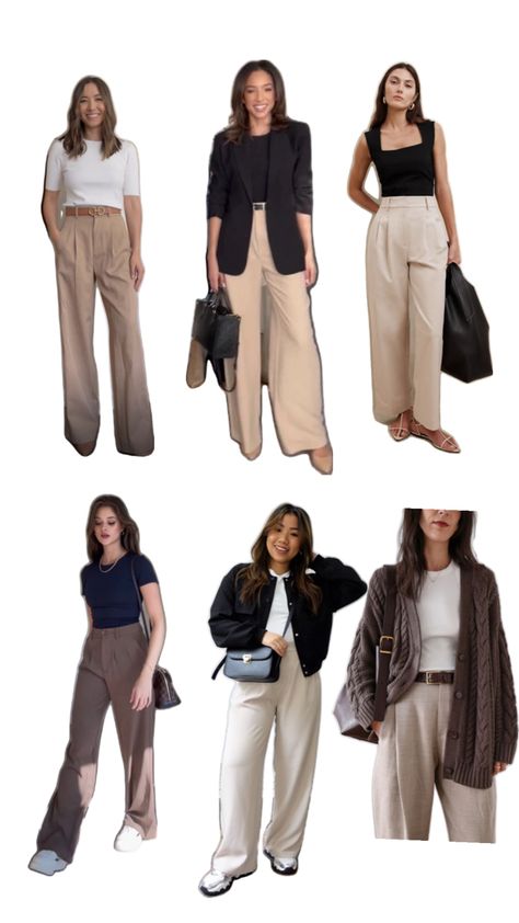 Beige pants, brown oversized cardigan, navy blue top, white top Navy Blue Top, Beige Pants, Brown Cardigan, Pants Brown, Oversized Cardigan, Blue Top, New Wardrobe, White Top, White Tops