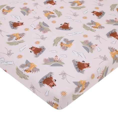 The Disney Lion King Fitted Mini Crib Sheet features a wild allover pattern of Simba with Timon, and Pumba! Beautifully designed in earthy shades of Ivory, sage, gold, brown, and gray. Simba and friends are playing on the savannah, among the brush, underneath a bright golden sun! Your little one will sleep soundly on this mini crib sheet's cozy surface. Measures 24" x 38" x 5" and includes full elastic edges for a safe and snug fit and fits a standard size mini crib mattress. Imported Coordinate Simba Timon And Pumba, Timon And Pumba, Natural Crib, Lion King Nursery, Soft Nursery, Jungle Theme Nursery, Lion King Baby, Plush Baby Blankets, Mini Crib Sheets