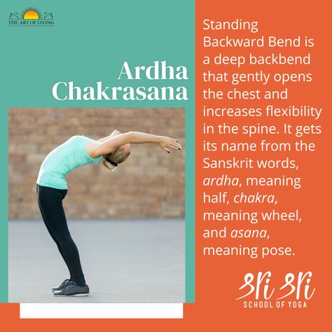 Standing Backward Bend (Ardha Chakrasana) Benefits: Stretches the front upper torso. Tones the arms and shoulder muscles. Opens the chest. Increases flexibility in the spine. https://www.artofliving.org/us-en/yoga/poses/standing-back-bend #ardhachakrasana #yogapose #asana Yoga Facts, Sanskrit Words, Increase Flexibility, Art Of Living, Yoga Poses, Chakra, Meant To Be, Yoga