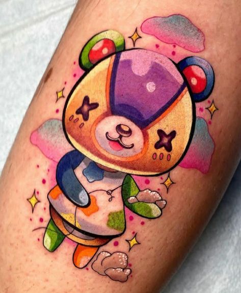 Kawaii Style Tattoo, Cute Pastel Tattoo, Animal Crossing Stitches, Stitches Tattoo, Animal Crossing Tattoo, Nintendo Tattoo, Pastel Tattoo, Houston Tattoos, Hard Tattoos