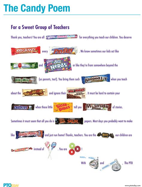 Great Valentine's gift/teacher appreciation gift =The Candy Poem - Tape the candy to the poster to send teachers a sweet   Mama got one of these one year from her student.message! Candy Bar Poems, Candy Bar Cards, Candy Poems, Teacher Poems, Pto Today, Candy Bar Posters, Candy Grams, Candy Poster, Teachers Diy