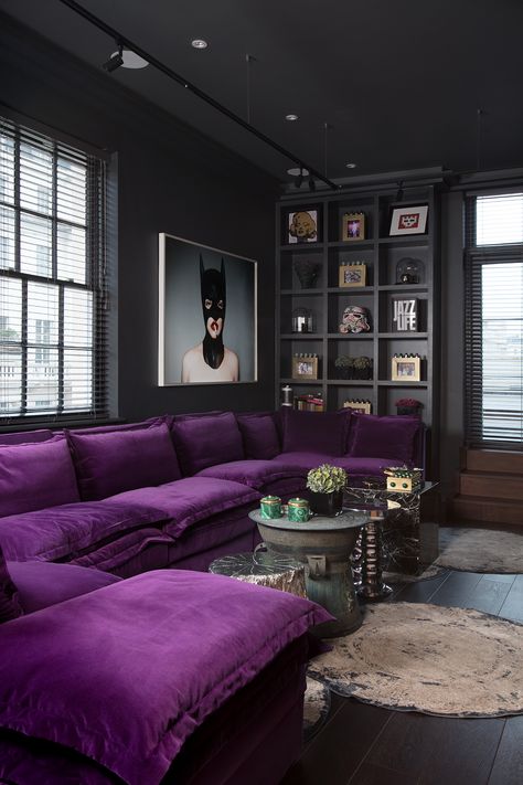 elayne-barre-interiors  Love the couch but mmmm that cat lady though. Lmao Purple Furniture, Purple Couch, Purple Living Room, Purple Interior, Living Room Decor Apartment, A Living Room, Room Colors, Scandinavian Design, Home Living Room