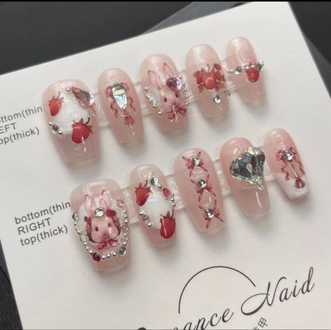 Pink and red press on nails Jelly Strawberry, Bunny Strawberry, Alice In Wonderland Nails, Wonderland Nails, Nails Jelly, Strawberry Nails, Nail Red, Best Press On Nails, Really Cute Nails