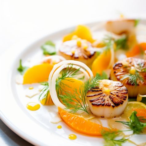 Seared Scallops with Fennel and Orange Salad - Cooking Mediterranean Scallop Salad, Scallops Salad, Frozen Scallops, Fennel And Orange Salad, Mediterranean Appetizers, Grilled Scallops, Fennel Recipes, Dried Scallops, Light Appetizers