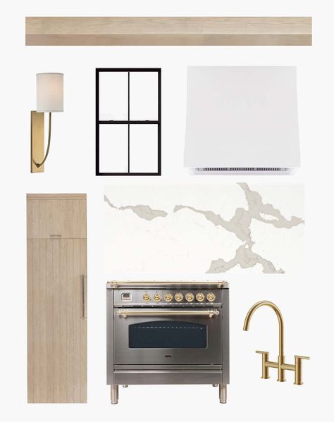 Designing the Flip House: Kitchen Mood Board Peninsula Ideas, Plank And Pillow, Kitchen Peninsula, Flip House, Серая Кухня, Kitchen Mood Board, Kitchen Hood, Hood Design, Design Boards