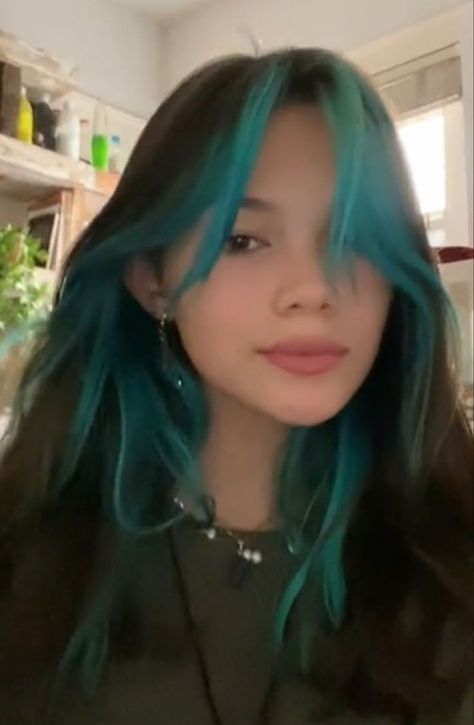 Different Color Money Pieces, Dark Hair With Blue Peekaboo, Teal Bangs Brown Hair, Underneath And Front Dyed Hair, Mid Length Dyed Hair, Brown Hair With Blue Front Pieces, Colorful Hair Dye Ideas For Brunettes, Hair Dye For Straight Hair, Blue Front Strands Of Hair