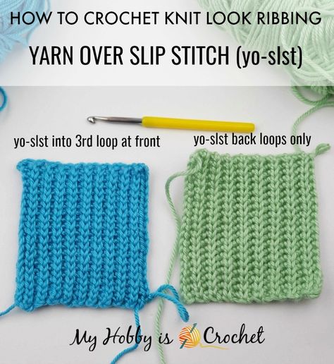 How to crochet Knit Look Ribbing - Yarn Over Slip Stitch into 3rd. Loop at the Front Crochet Knit Like Stitch, Crochet 3rd Loop, Knit Looking Crochet Stitch, Slip Stitch Back Loop Crochet, Crochet Slip Stitch Ribbing, Yarn Over Slip Stitch Crochet, Knit Like Crochet Stitch, Knit Look Crochet Stitch, Slip Stitch Back Loop