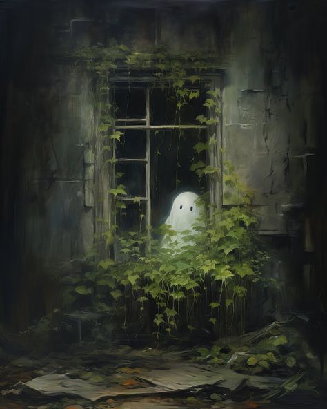 Ghost In Window, Cottagecore Artwork, Halloween Wall Art, Gothic Art, Cute Ghost, Art Vintage, Dark Academia, Ghost, Halloween