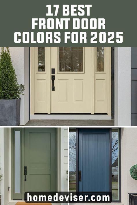 17 Best Front Door Colors for 2025! Make a statement with your front door in 2025! Explore these 17 beautiful front door paint colors to find the perfect hue that reflects your style and creates a warm welcome for your guests. Front Doors Ideas Entrance, Front Door Colors With Cream Brick, Best Blue Paint For Front Door, Trending Front Door Colors 2024, Modern Coastal Front Door, 70s Front Door, Front Door Bungalow, Gray House Door Color Ideas, Best Front Door Colors For Tan House