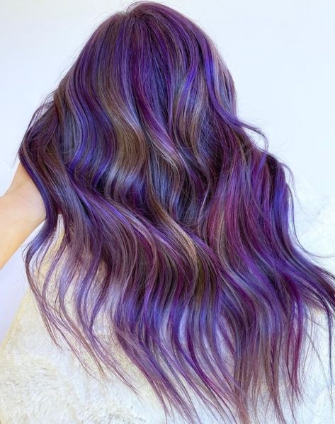 Purple Highlights Underneath, Hairstyles With Purple Highlights, Hairstyles With Purple, Purple Mermaid Hair, Dark Purple Highlights, Lilac Highlights, Purple Brown Hair, Purple Grey Hair, Purple Hair Highlights