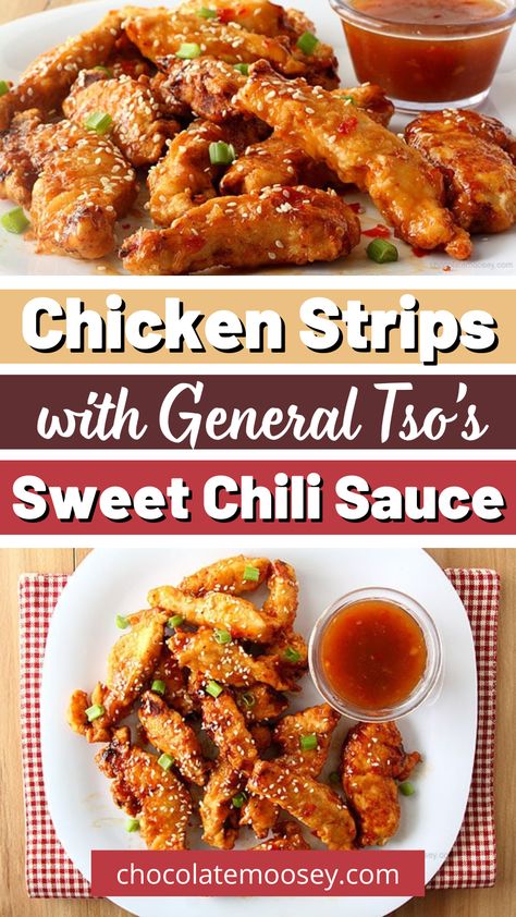 Chicken Strips with General Tso's Sweet Chili Sauce  are crispy on the outside, tender on the inside. General Tso’s Sweet Chili Chicken Strips are a delicious twist on a classic Chinese recipe! Made with boneless chicken breast and coated in a homemade sweet chili sauce, these chicken strips are bursting with flavor. Easy to make and perfect for a quick weeknight meal or appetizer, this recipe brings the perfect balance of sweet and spicy right to your table. Sweet Chili Sauce Recipe Dinners, General Tso Chicken Sauce, Air Fryer General Tso Chicken, Chinese Food General Tso Chicken, Healthy General Tso Chicken Air Fryer, General Tso’s Chicken, Chicken Breast Strips Recipes, Fried Boneless Chicken Breast, General Tso’s Chicken Recipe