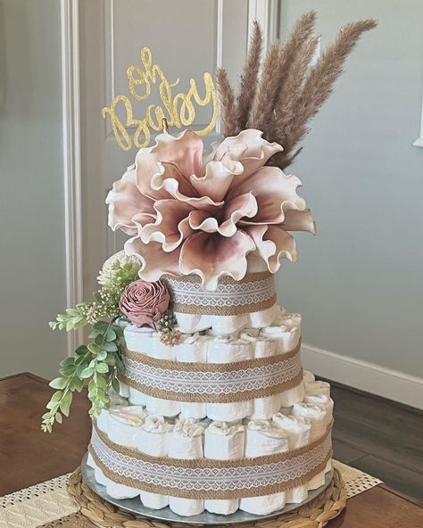 Diaper Baby Shower Centerpieces, Diaper Cake Baby Girl, Diaper Cake Ideas Girl, Neutral Diaper Cake Ideas, Pumpkin Diaper Cake Girl, Floral Diaper Cake, Wildflower Diaper Cake, Boho Baby Shower Cake Girl, Baby Girl Diaper Cake Ideas