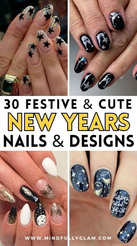 30+ Sparkling New Year's Nails & New Year's Nail Designs to Ring in 2025! New Years Fingernail Designs, Happy New Years Nails Design, Nye Nail Art Designs, New Year’s Eve Nail Art Ideas, Celebration Nails New Years, Simple Short Nail Designs New Years, New Years Nails Champagne Glasses, Starburst Nails Design, Nye Nails Short Black