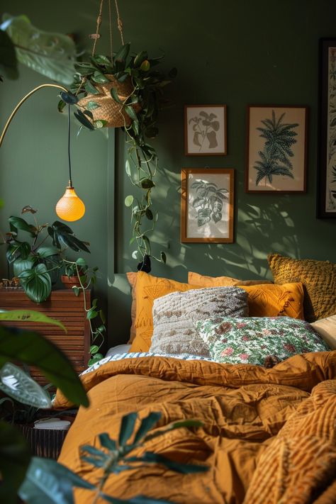 Sage Green Bedroom With Plants, Green And Orange Room Decor, Dark Green And Mustard Bedroom, Green Rooms Aesthetic, Bed Models Ideas, Sage And Orange Bedroom, Dark Green And Orange Bedroom, Green And Mustard Bedroom, Dark Sage Green Bedroom