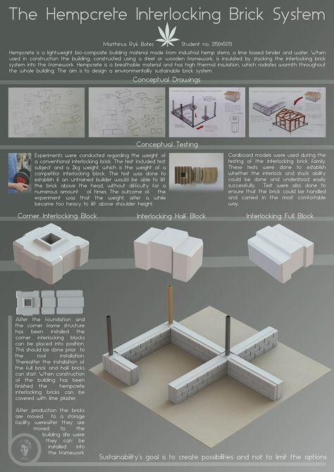 Hempcrete Interlocking Brick System on Behance Hemp Brick House, Hempcrete Architecture, Hempcrete Blocks, Hempcrete House, Hemp Building, Eco Tiny House, Interlocking Concrete Blocks, Hemp House, Sustainable Housing