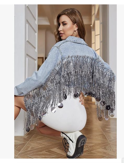 Beyonce! Jacket With Tassels, Jessica Simpson Jeans, Fringe Jeans, Long Sleeve Denim Jacket, Distressed Jean Jacket, Warm Leggings, Embellished Denim, Sequin Shorts, Cropped Denim Jacket