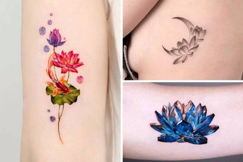 Watercolor Lotus Tattoo Small, Mermaid Lotus Tattoo, Inner Peace Tattoos For Women, Small Lotus Tattoos For Women, Colorful Lotus Flower Tattoo, Lotus And Butterfly Tattoo, Lotus Tattoos For Women, Dreamcatcher Mandala Tattoo, Inner Peace Tattoo