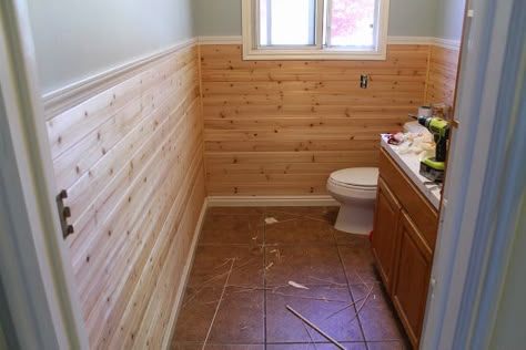 Lowes- cedar tongue n groove planks (for wainscotting) - use for shiplap in bathroom upstairs Cabin Bungalow, 1920s Bathroom, Cedar Tongue And Groove, Spare Bathroom, Tongue And Groove Walls, Attic Office, Cedar Walls, Lake Ideas, Shiplap Bathroom