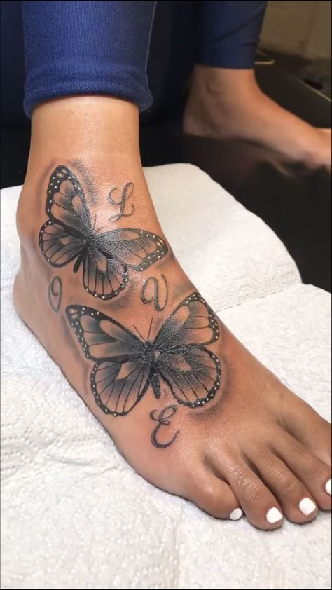 Butterfly Tattoo On Feet For Women, Ankle To Foot Tattoos For Women, Foot Tattoos For Black Women, Cute Foot Tattoos For Women, Foot Tattoos For Women Butterfly, Cute Feet Tattoos, Top Of Foot Tattoos For Women, Butterfly Tattoo Foot, Feet Tattoos For Women