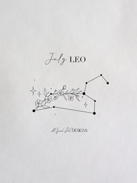 Artist: MyahVal Designs​​​​​​​​​   #digitalart  #artwork #tattooart #floralart #tattoos #floraltattoo #tattooideas #minimalist #tattoodesign #birthflower #birthflowers Birthflower Zodiac Tattoo, Sign Constellations, Leo Constellation Tattoo, Leo Zodiac Tattoos, Leo Tattoo Designs, Leo Tattoo, Leo Star Sign, Leo Star, Leo Constellation