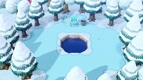 Acnh Ice Fishing, Animal Crossing Inspiration, Animal Crossing Fish, Fae Farm, Acnh Winter, Acnh Christmas, Fishing Pond, Animals Crossing, Acnh Design