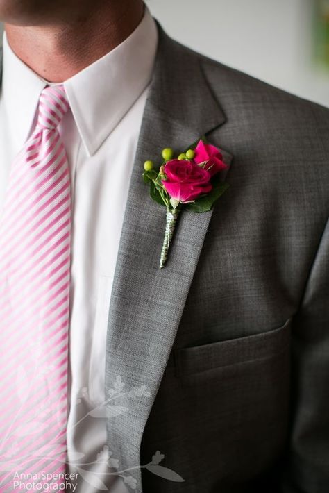 Boutineer Ideas Hot Pink, Small Pocket Boutonniere, Magenta Boutonniere, Hot Pink Boutonniere, Wedding Boutineers, Boutonniere Diy, Lily Boutonniere, Rose Buttonhole, Pink Boutonniere