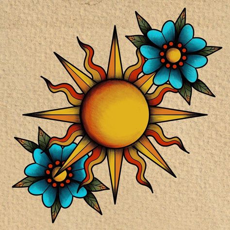 Neo Trad Sun Tattoo, Sunflower American Traditional Tattoo, American Traditional Sunflower, Yellow Sun Tattoo, American Traditional Sun Tattoo, Traditional Tattoos Color, Cute American Traditional Tattoo, Color Tattoo Ideas, Traditional Sun Tattoo