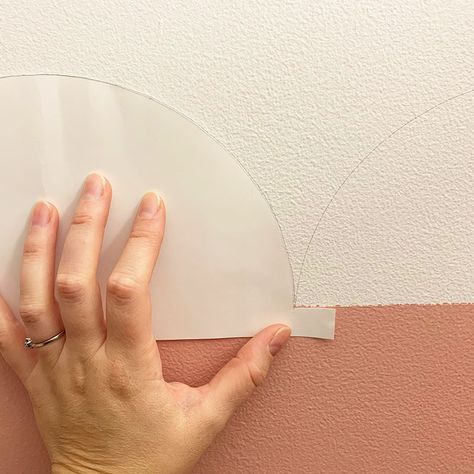 How to Paint a Scalloped Wall - With Free Downloadable Template Hallway Space Ideas Upstairs, Scalloped Wall Painting, Wall Painted Half And Half, Framed Bedroom Wall, Half Way Painted Wall, Scallop Wall Stencil, Scalopped Wall Paint, Pink Scallop Painted Wall, Blue Scalloped Wall