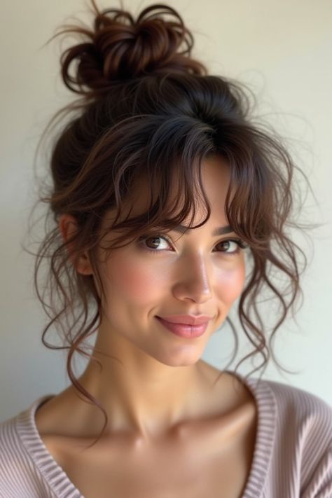 26 Charming Curly Hairstyles with Bangs Ideas 2025 - Fashion Trend Hacks Curtain Bangs With Natural Curly Hair, Bangs For Frizzy Wavy Hair, Curly Wispy Curtain Bangs, Fluffy Side Bangs, Fun Hair Styles For Medium Length, Butterfly Bangs Curly Hair, Wavy Ponytail With Bangs, Wispy Bangs For Curly Hair, Types Of Bangs For Curly Hair