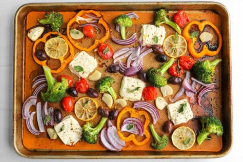 Sheet Pan Baked Feta With Greek Veggies - The Produce Moms Sheet Pan Feta Pasta, Sheet Pan Baked Feta With Broccolini, Sheet Pan Greek Chicken And Veggies With Tzatziki Sauce, Sheet Pan Feta With Chickpeas And Tomatoes, Lemon Feta Sheet Pan Chicken And Veggies, Greek Veggies, Sheet Pan Meal Prep, Vegetarian Sheet Pan, Lemon Garlic Salmon