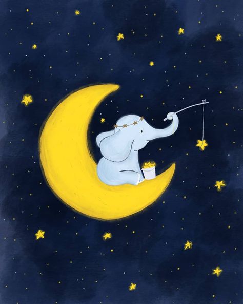 I want you to meet this adorable baby elephant, fishing for stars in the sky. #babyelephant #babyanimals #moon #stars #handdrawn #illustration #digitalart Storyteller Illustration, Moon And Stars Illustration, Moon Design Art, Elephant Drawings, Space Elephant, Kids Branding Design, Night Nursery, Elephant Themed Nursery, Elephant Illustration