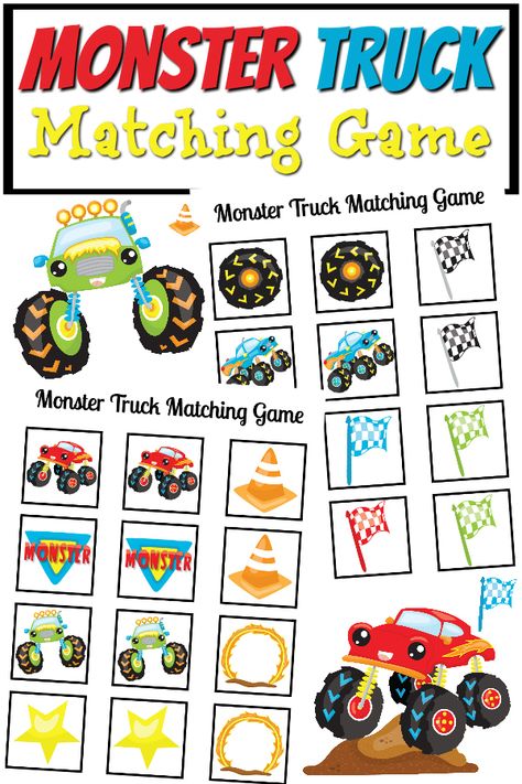 Monster Truck Matching Game Printable via @RealandQuirky Monster Truck Games, Game Truck Party, Monster Jam Party, Folder Ideas, Monster Truck Theme, Truck Lettering, Truck Crafts, Transportation For Kids, Truck Games